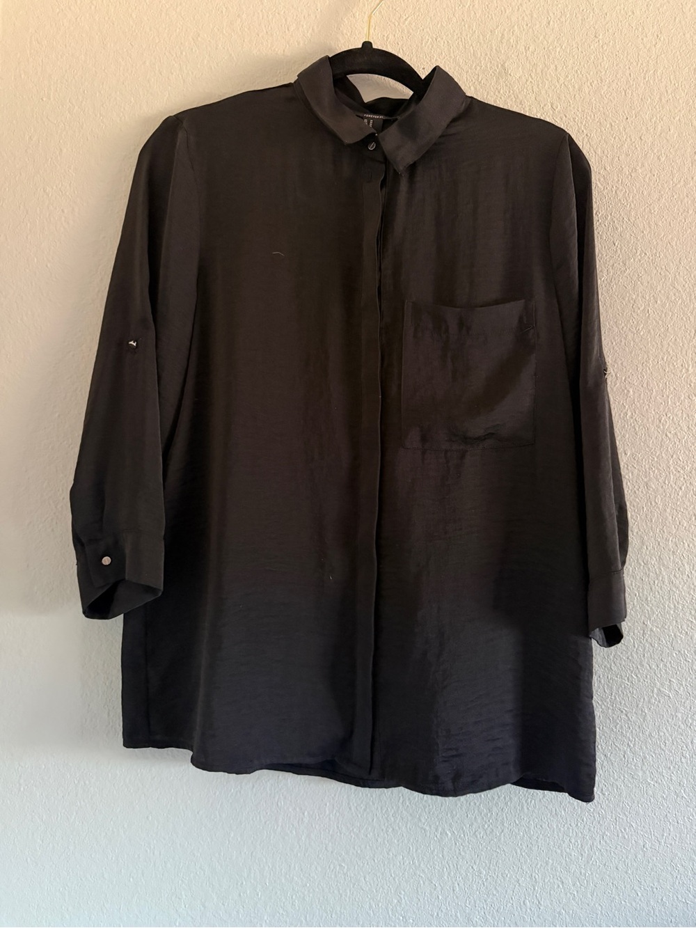 Forever 21 Black Satin Blouse Button Up Corporate Goth Office M
